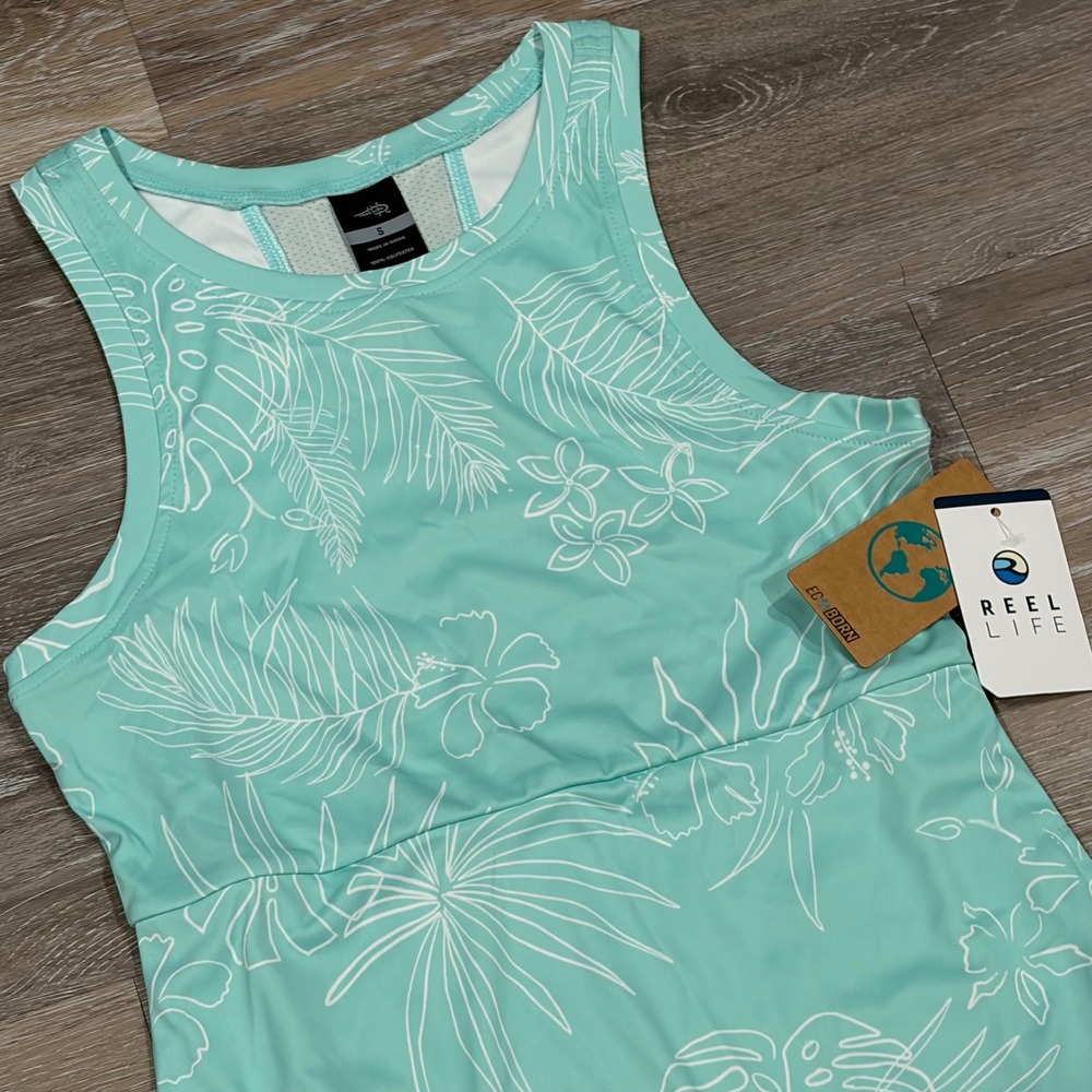 Reel Life Womens Tropical Floral Active Dress Mint Racerback Mesh Small NWT